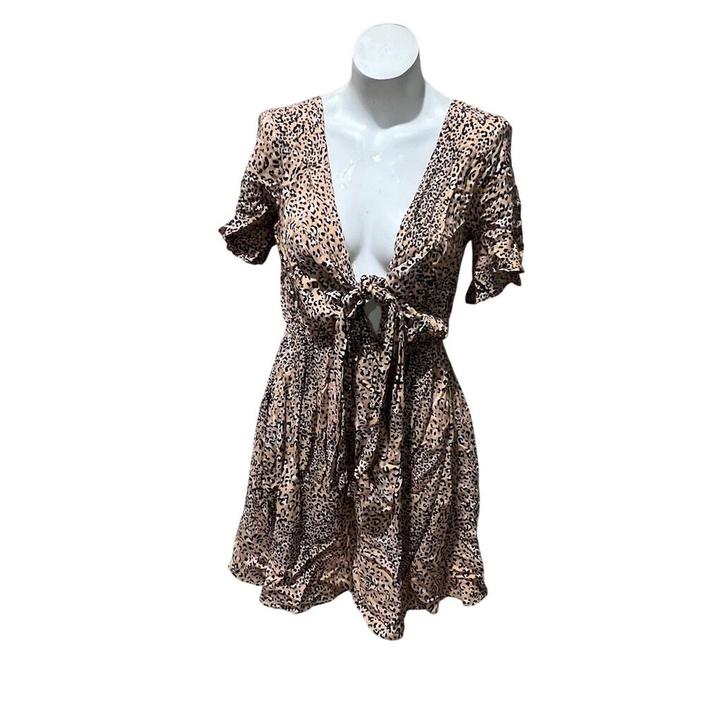 By Together Mini Dress Womens M Beige Leopard Print Tie-Front V-Neck